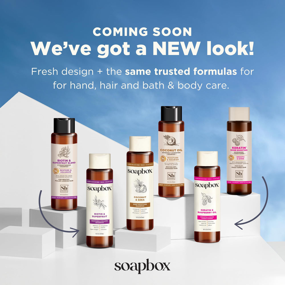 Shampoing Soapbox arbre à thé convient à tous types, usage quotidien recommandé.