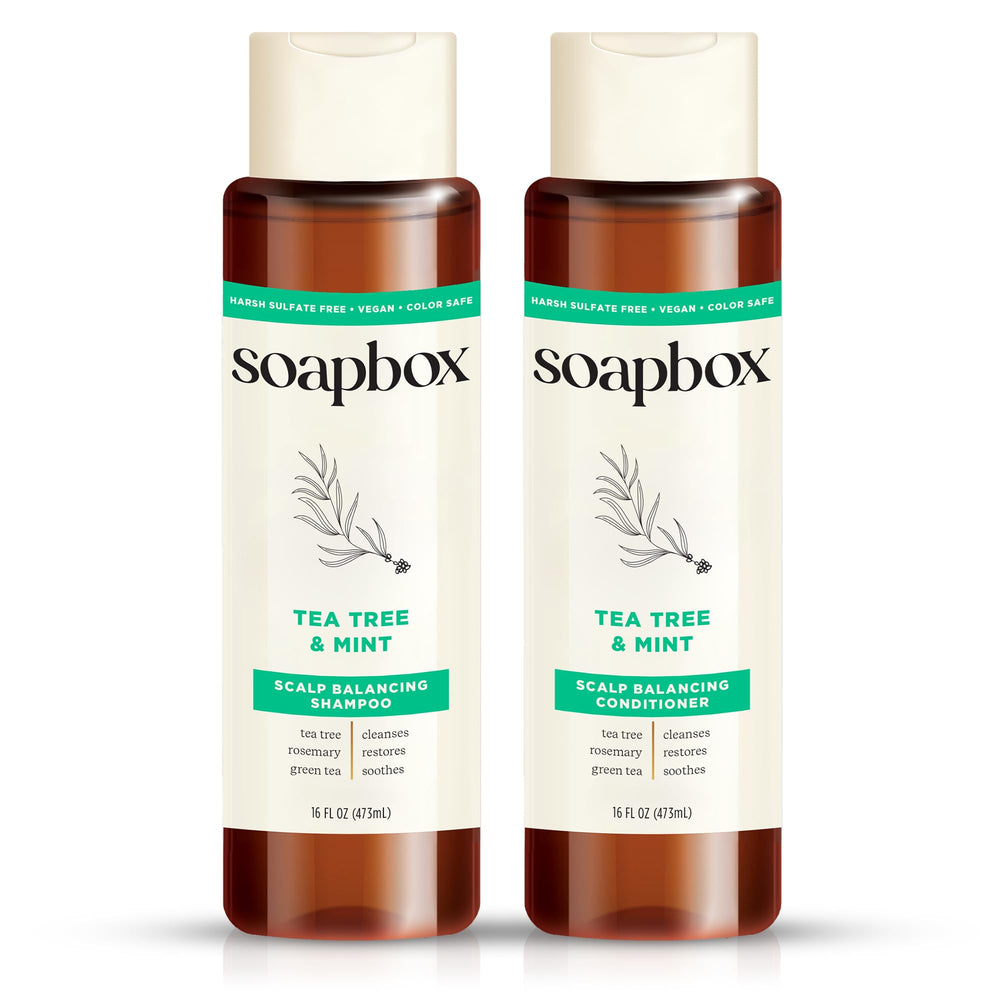 Soapbox shampoing arbre à thé bouteille purifiant le cuir chevelu.