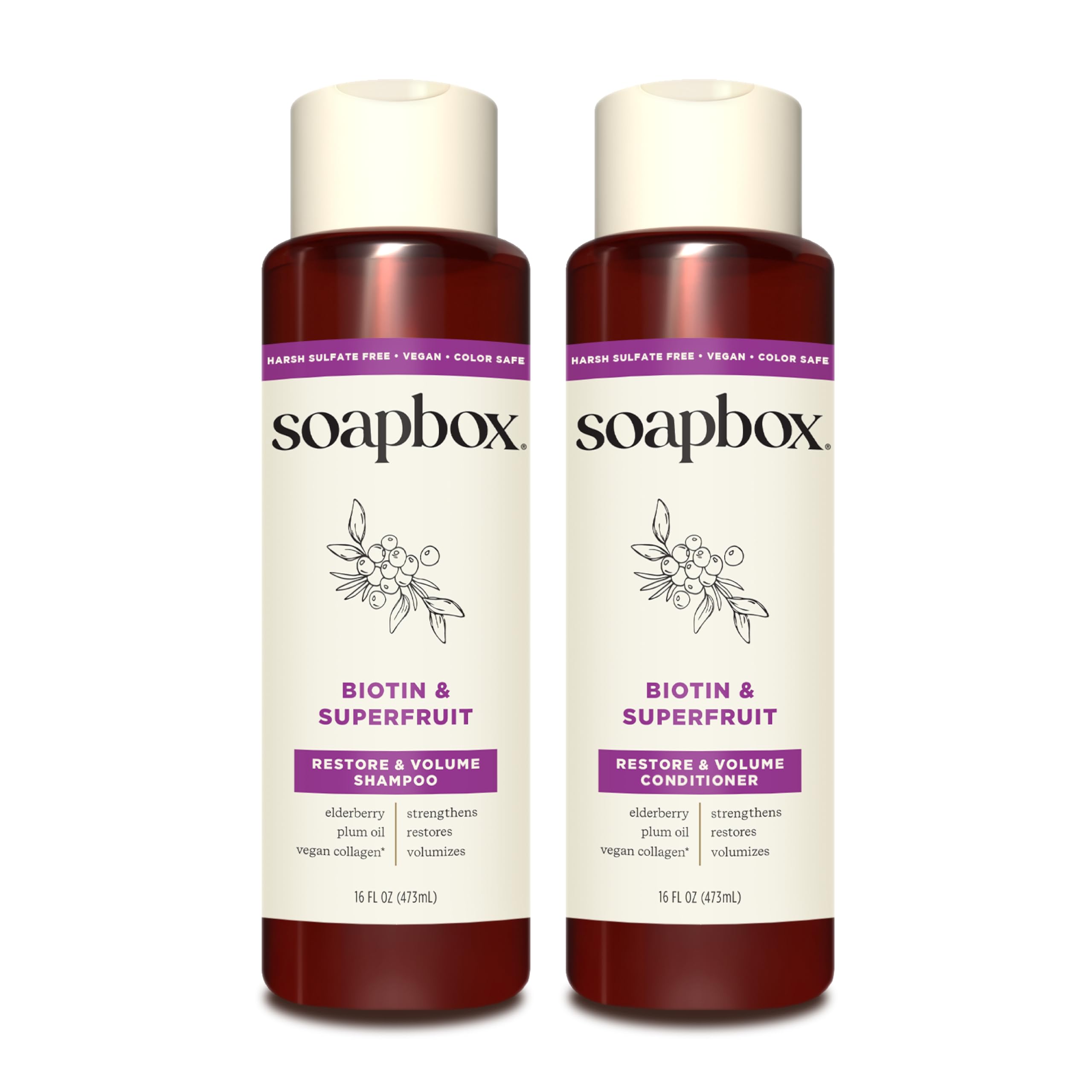 Soapbox shampooing Biotine et Extraits de Fruits en bouteille pour cheveux volumineux.