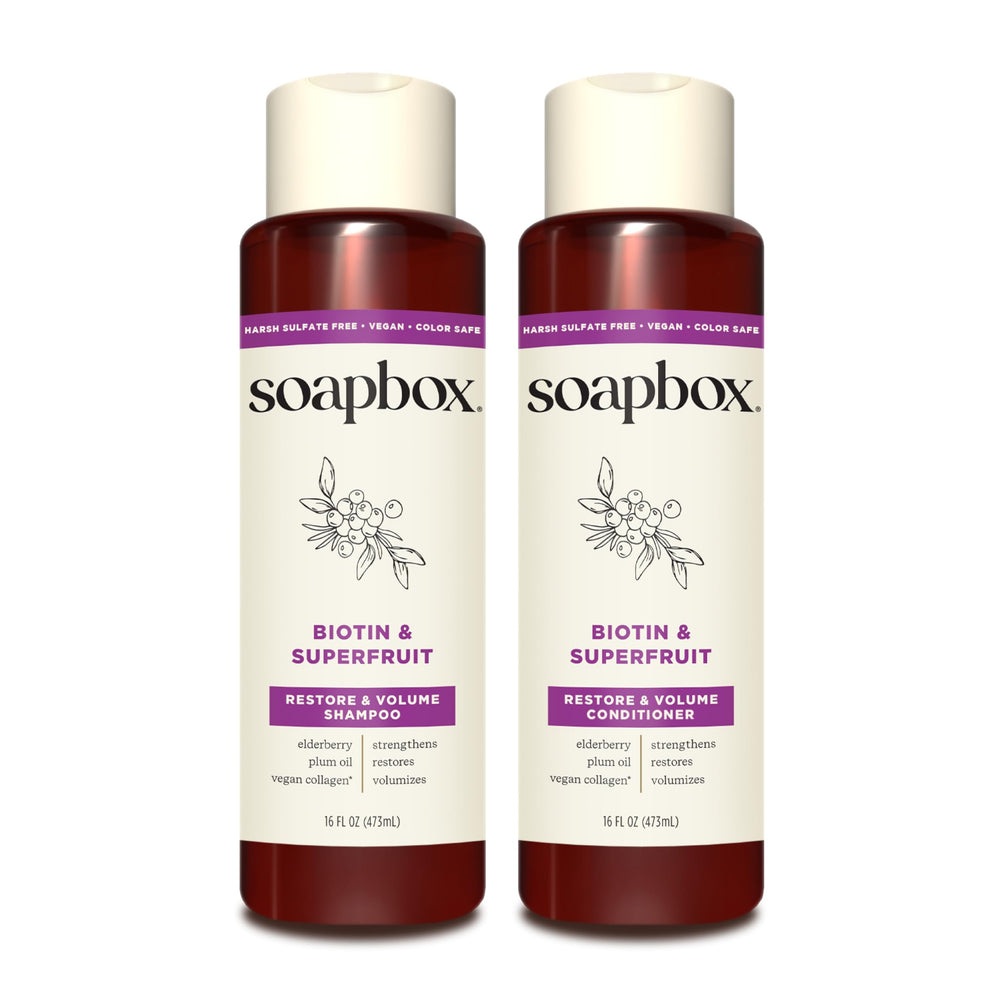 Soapbox shampooing Biotine et Extraits de Fruits en bouteille pour cheveux volumineux.
