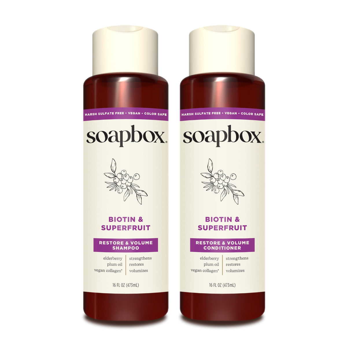 Soapbox shampooing Biotine et Extraits de Fruits en bouteille pour cheveux volumineux.