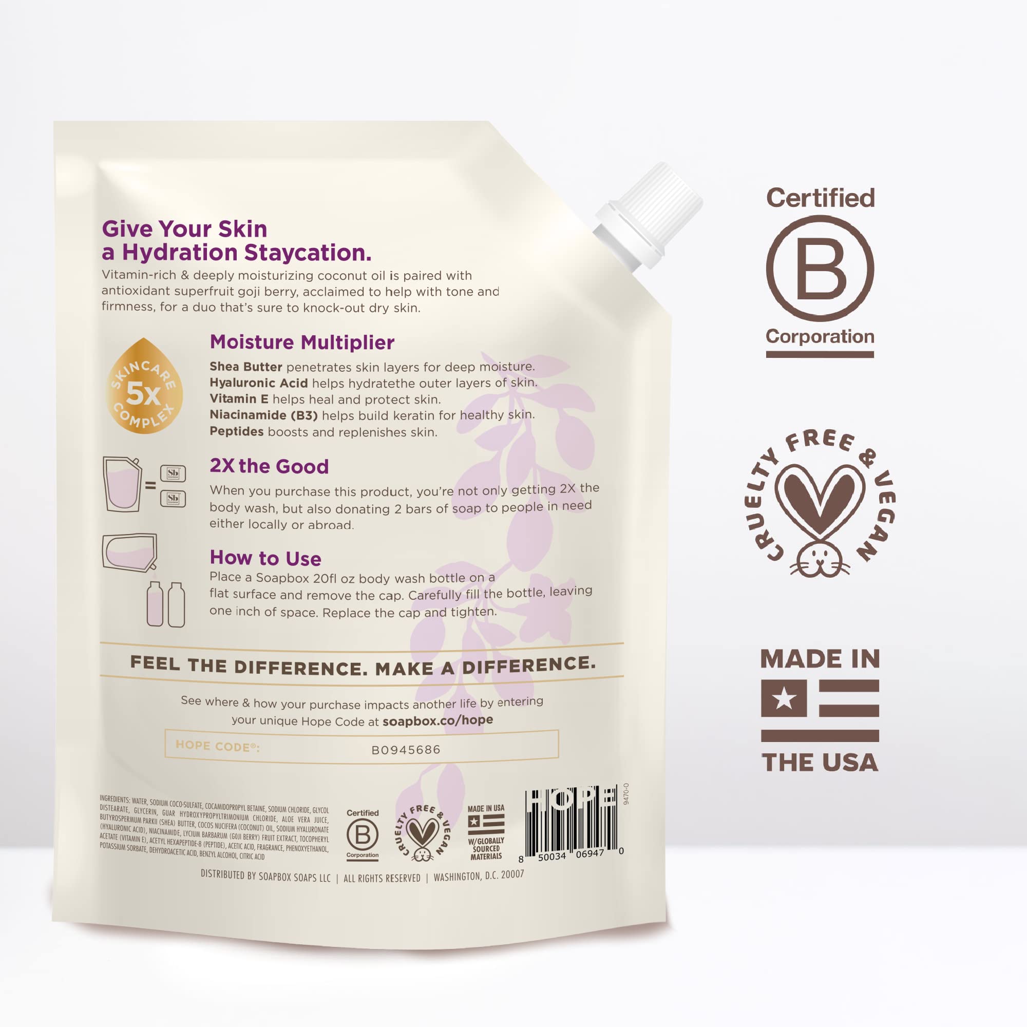 Soapbox shea butter and hyaluronic acid benefit the skin.