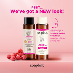 Soapbox Shine acondicionador de keratina en botella, acabado sedoso.
