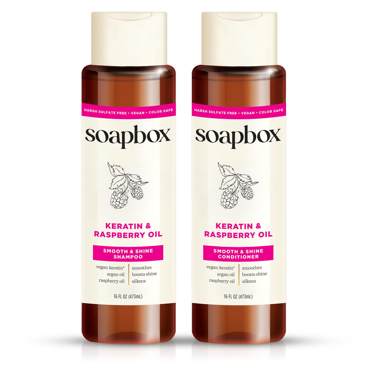 Soapbox Shine champú de keratina en botella, domando frizz y brillo.