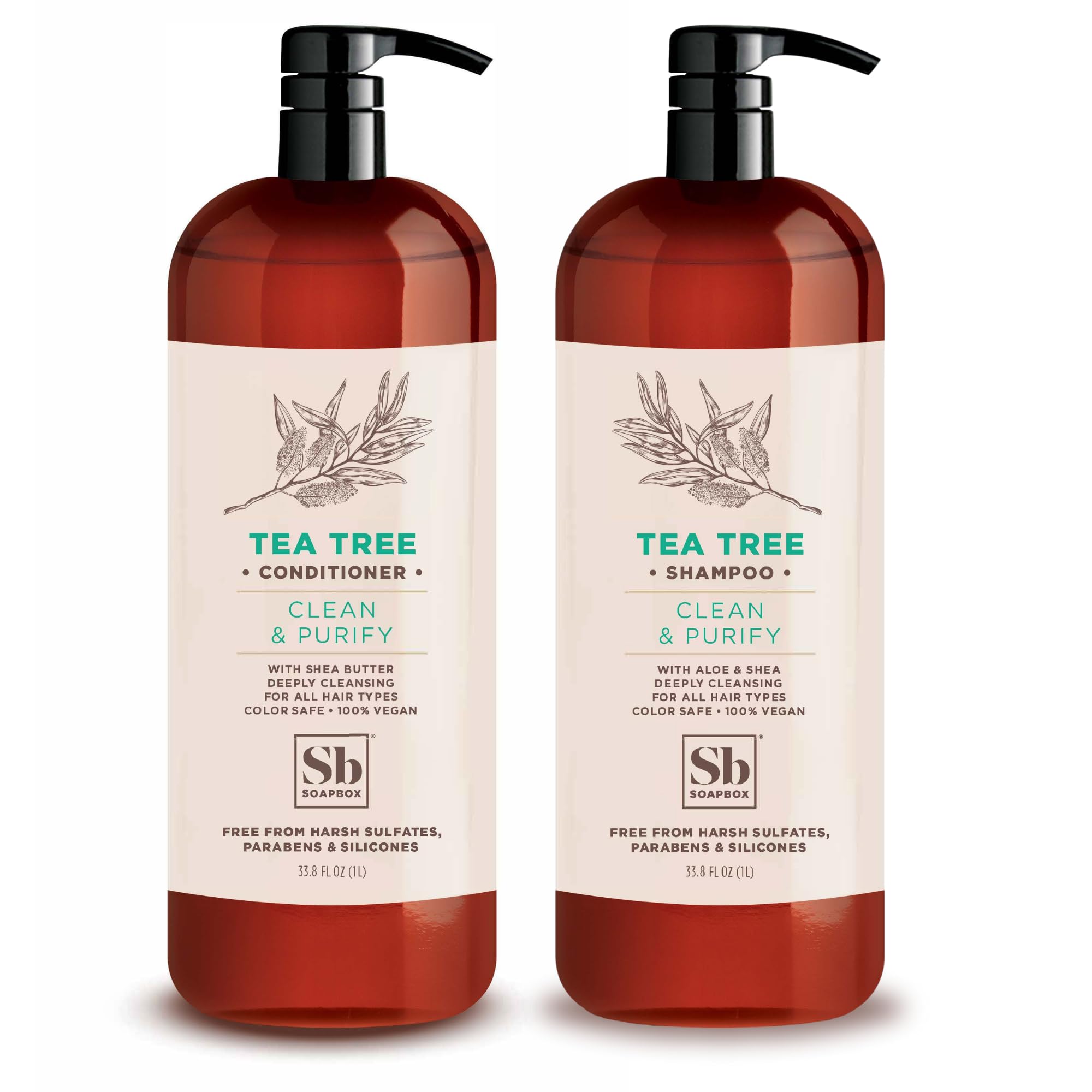 Soapbox Tea Tree Shampoo y Acondicionador: vertido suave para una limpieza fresca del cuero cabelludo.