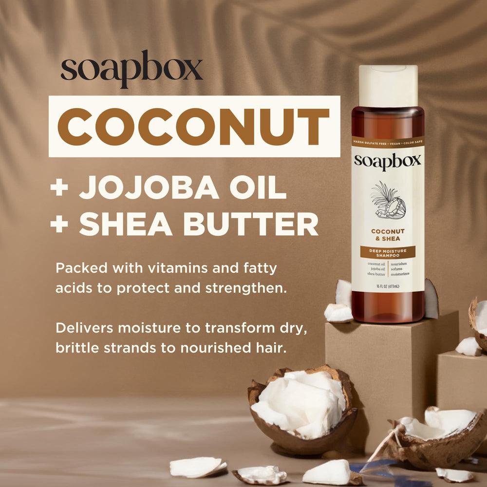 Soapbox acondicionador con aloe y karité para suavidad natural.