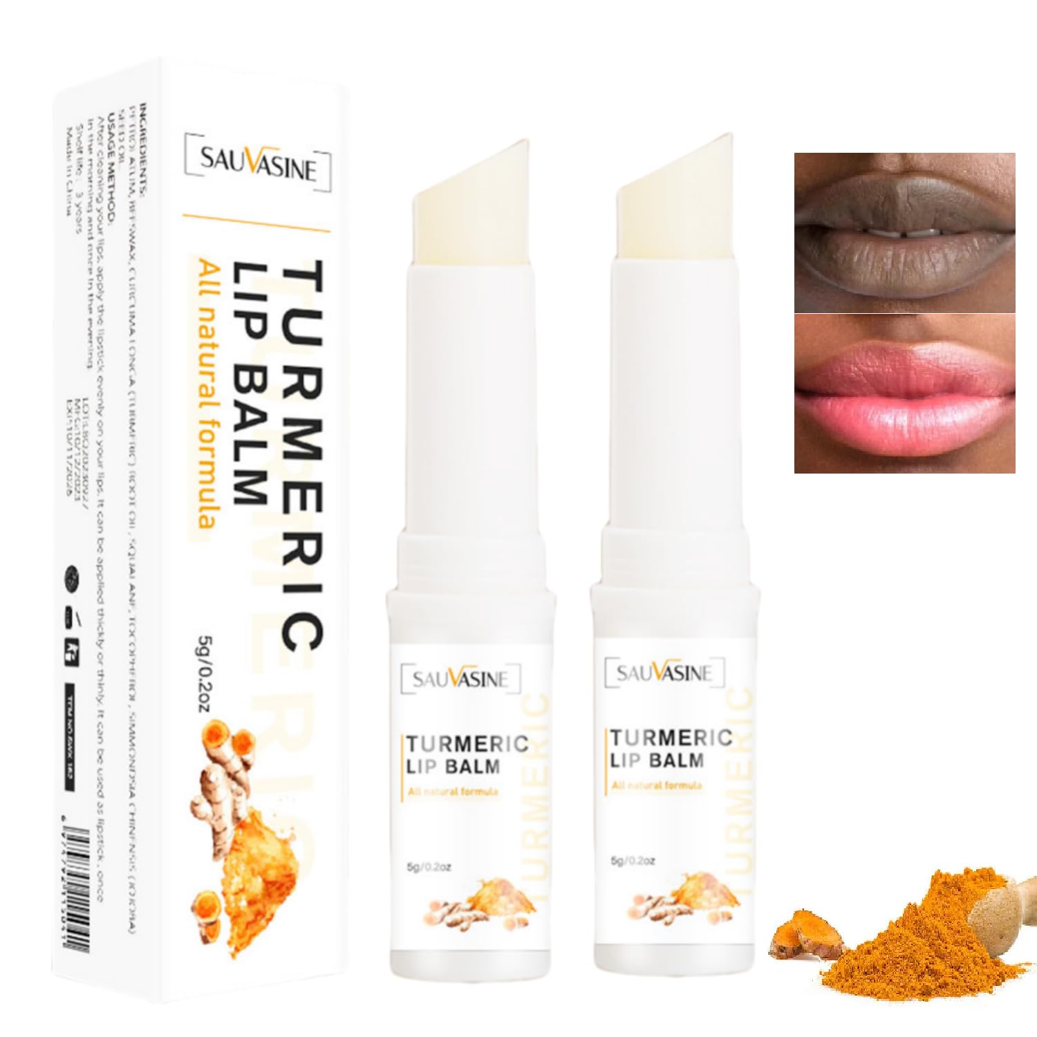Soelegant exfoliante labial de cúrcuma en un empaque compacto para viaje.