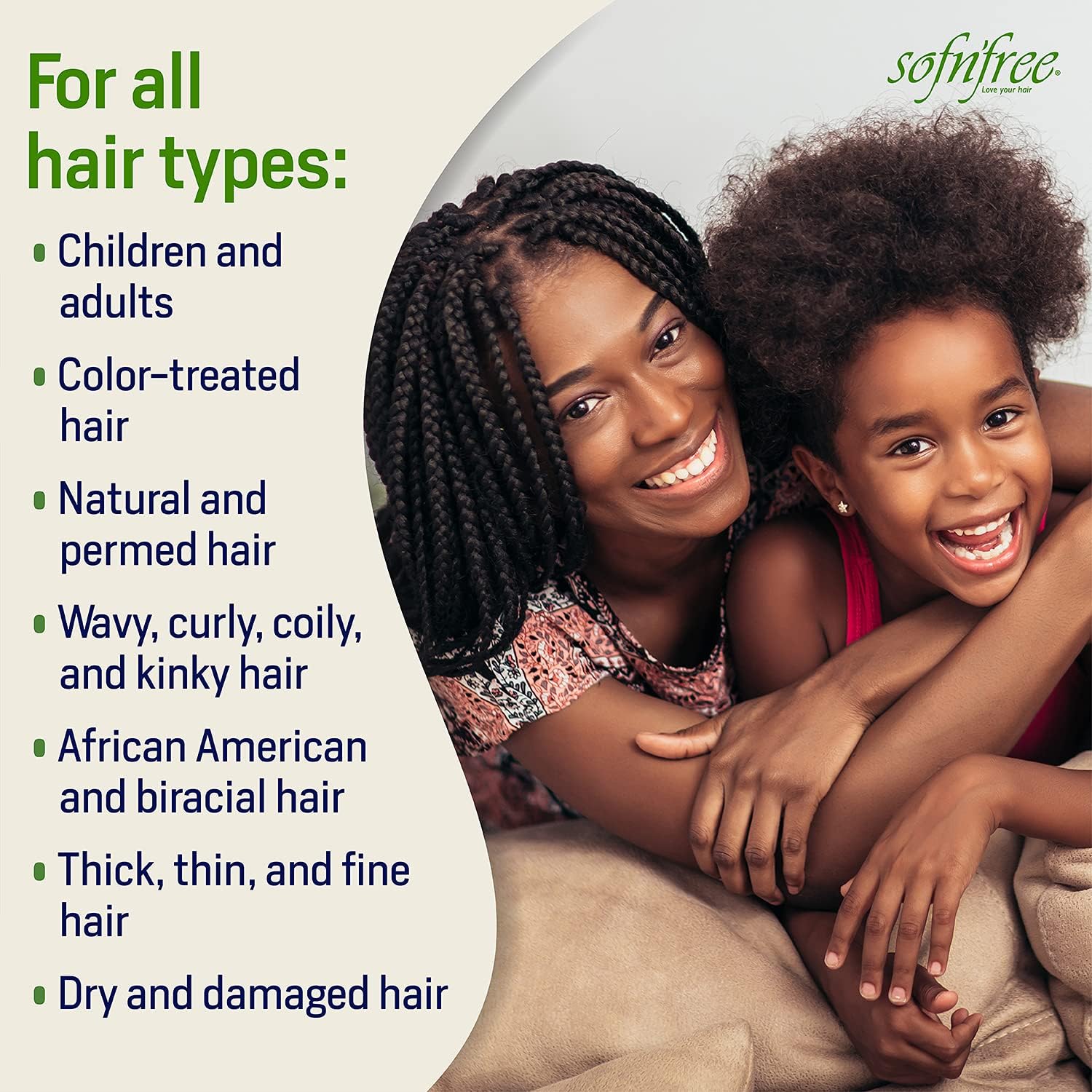 SOF N' FREE aplicación en cabello limpio, ayuda a definir rizos tras peinado.