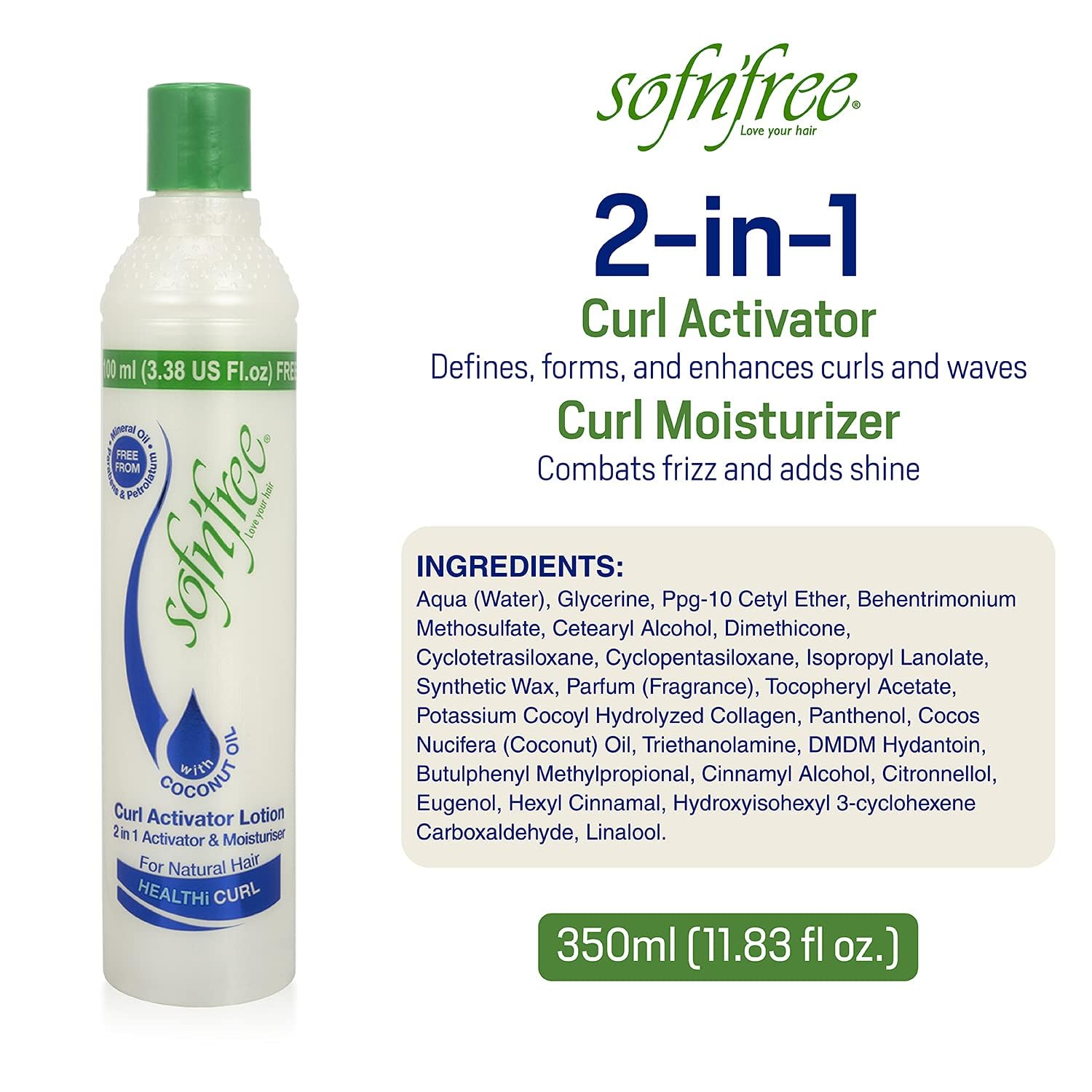 SOF N' FREE crema activadora de rizos, definición suave para todo tipo de cabello.