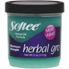 Softee Herbal Gro en frasco verde, mejora la apariencia al instante y dura mucho