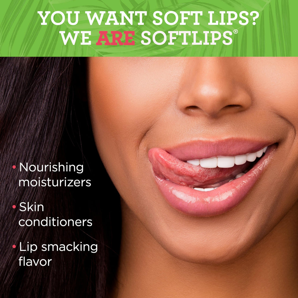 SoftLips bálsamo labial tropical coco, deslizamiento suave para uso diario.