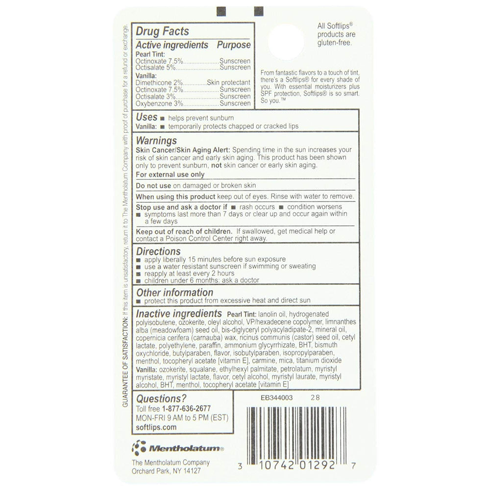 SoftLips vainilla SPF20 para uso diario con aroma suave y protección solar.