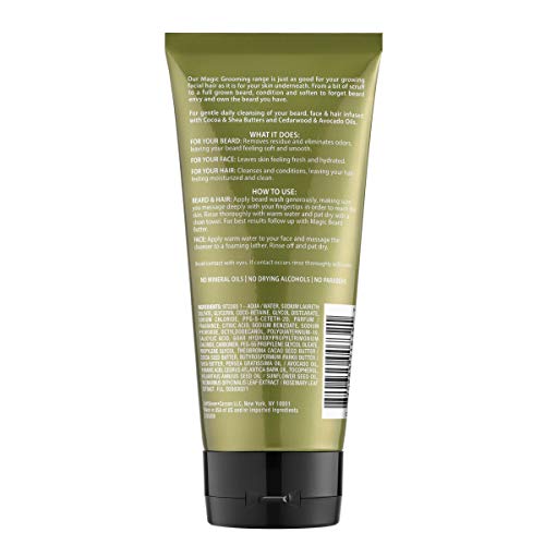 SoftSheen Magic Beard Wash, etiqueta con manteca de cacao y karité.