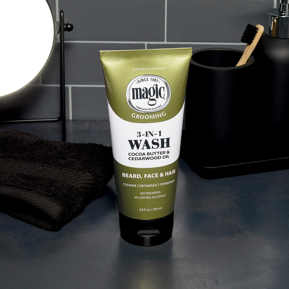 SoftSheen Magic Beard Wash, manteca cacao y karité nutre barba.
