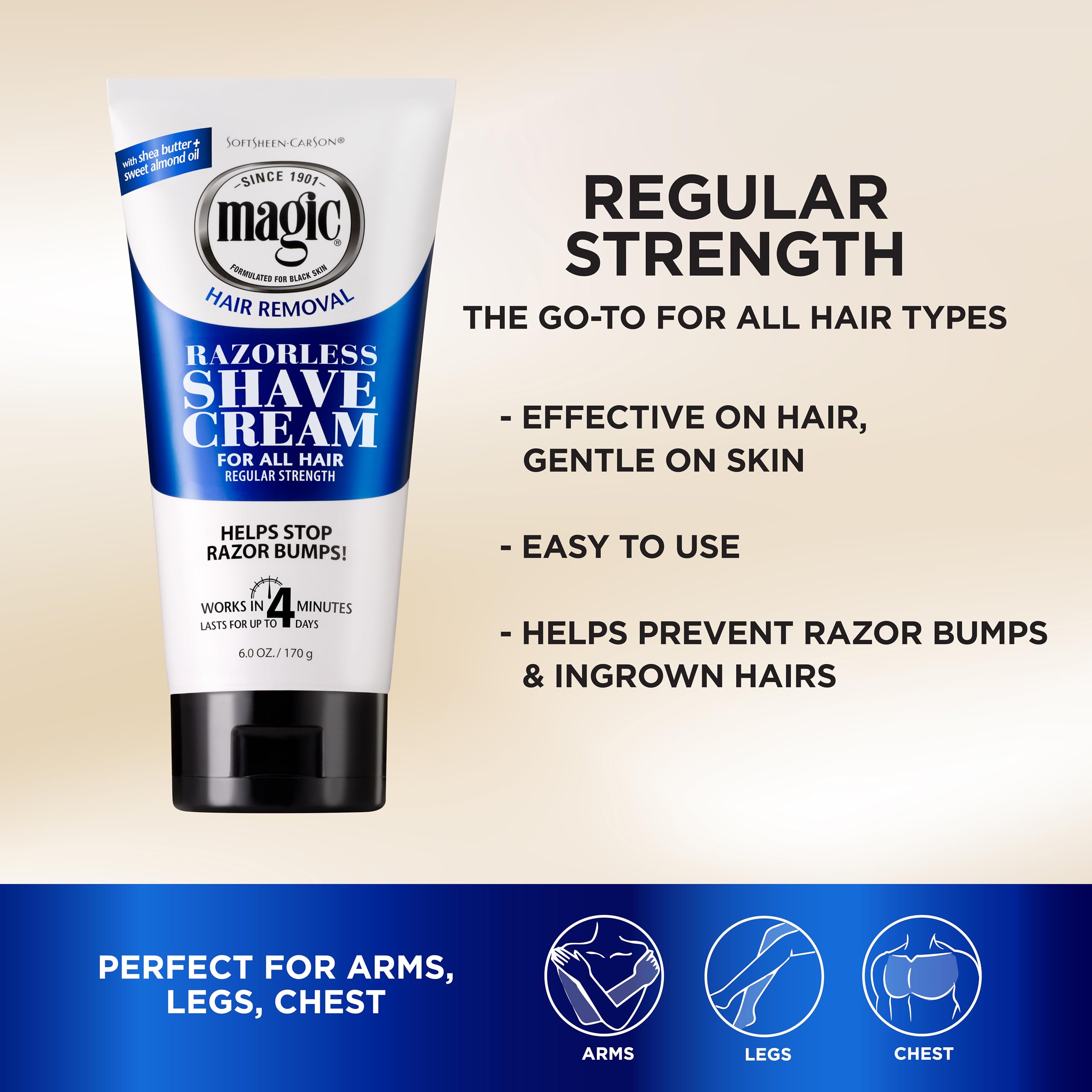 SoftSheen Magic Razorless Crema, aplicar sobre la piel para depilación suave.