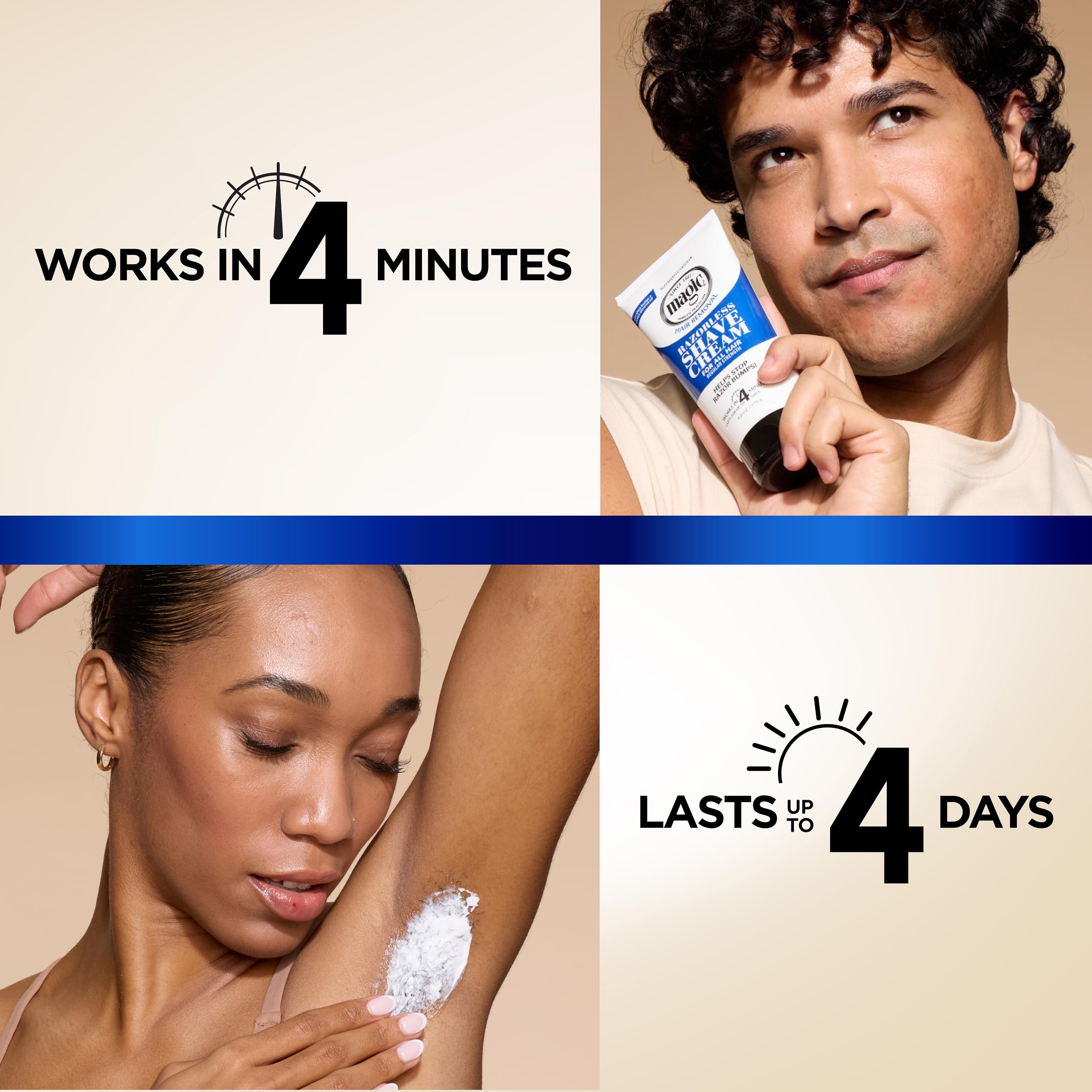 SoftSheen Magic Razorless Crema, temporizador de 4 minutos para resultados.
