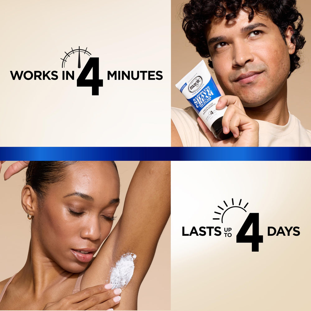 SoftSheen Magic Razorless Crema, temporizador de 4 minutos para resultados.