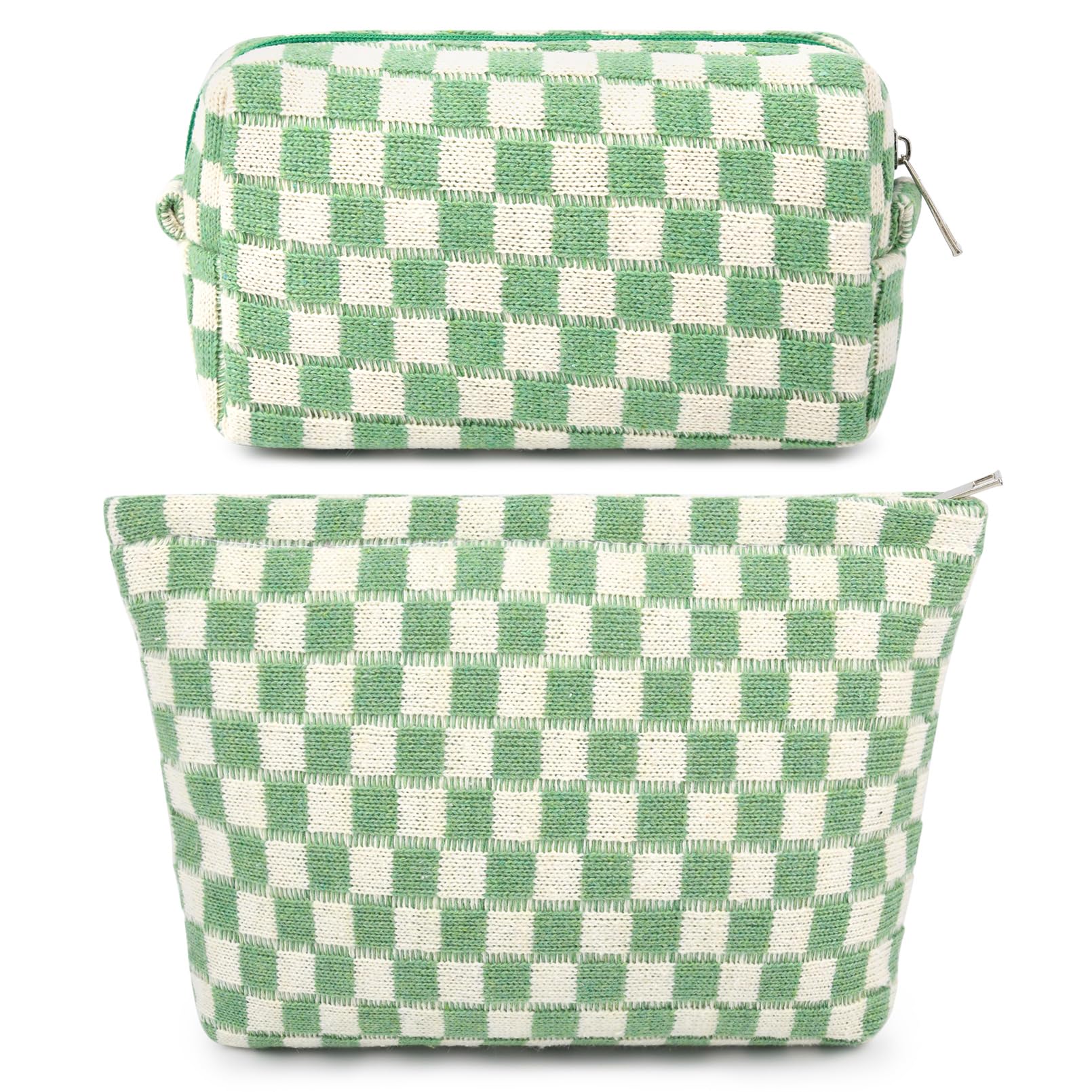 SOIDRAM bolsa maquillaje grande con cuadros verdes, vista frontal útil para viaje.