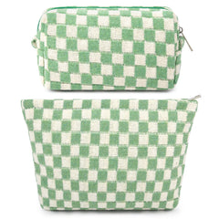 SOIDRAM bolsa maquillaje grande con cuadros verdes, vista frontal útil para viaje.