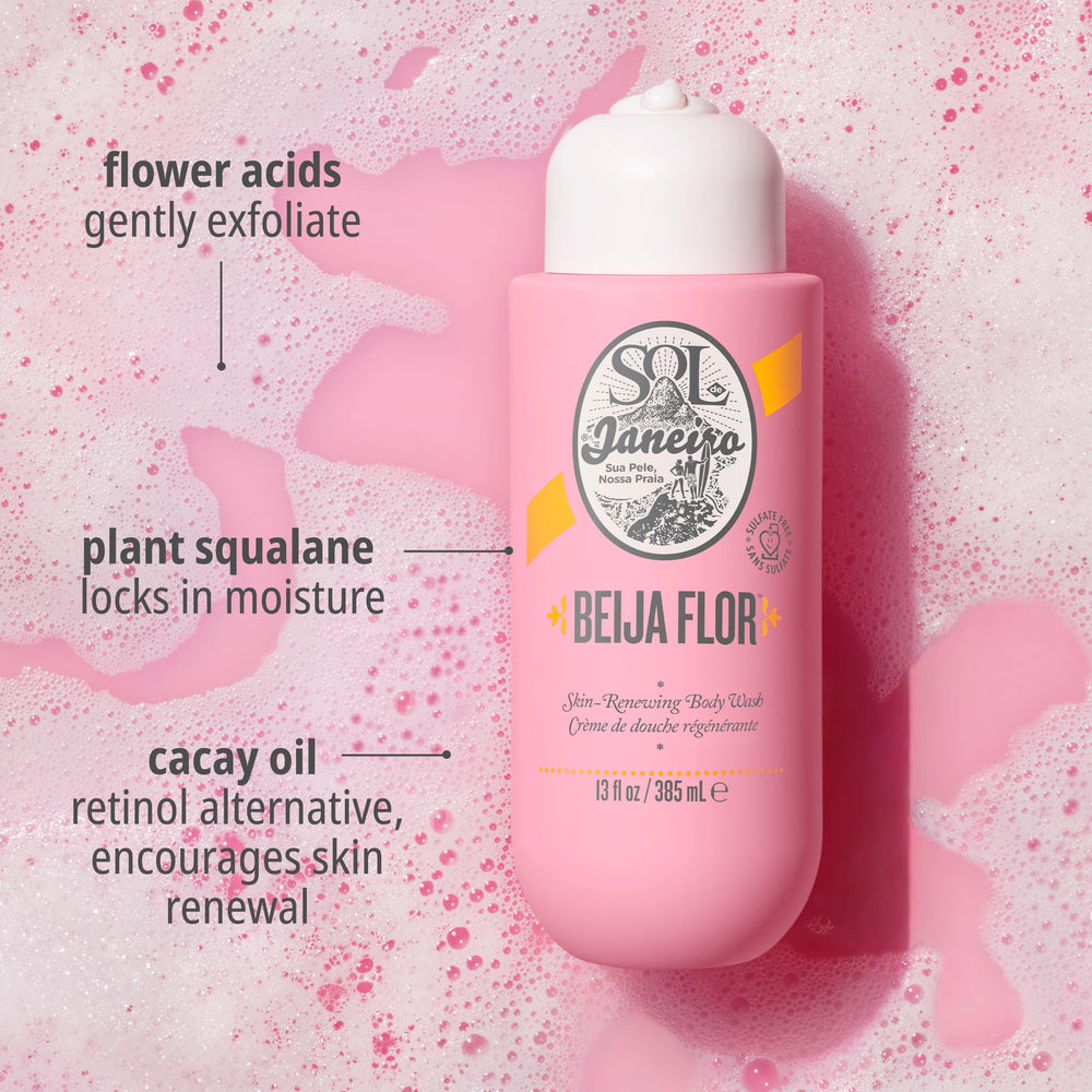 Sol de Janeiro Beija Flor Body Wash bottle held for travel routine.