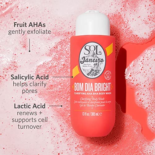 Sol de Janeiro Bom Dia Bright packaging display suggests travel-friendly 90mL bottle for on-the-go cleansing.