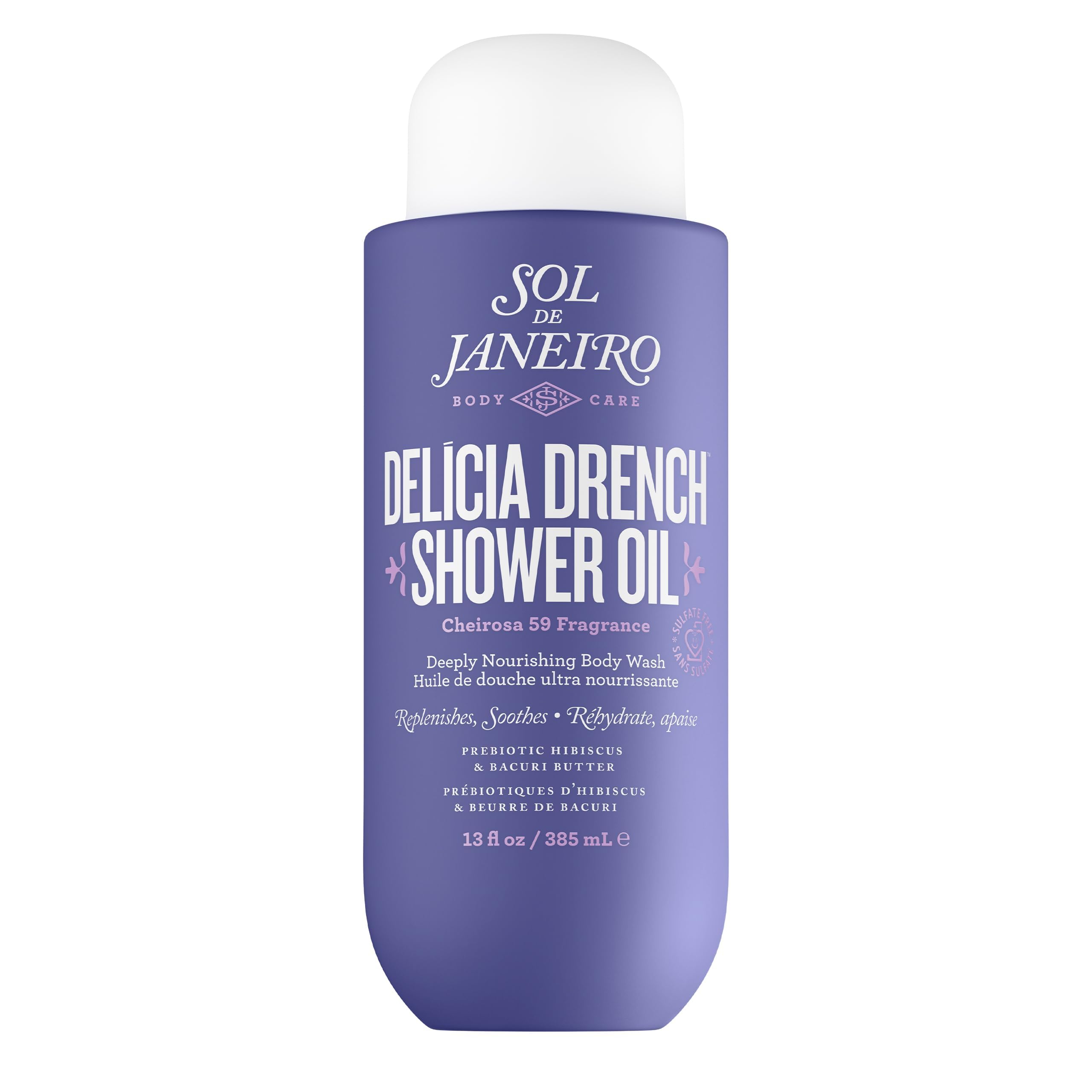 Sol de Janeiro Delicia Drench: botella elegante para hidratación suave durante la ducha.