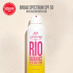 Sol de Janeiro Rio Radiance SPF 50 mist on forearm for quick coverage