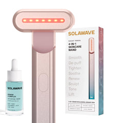 Solawave con luz roja aplicada al rostro para suavizar líneas y aportar brillo