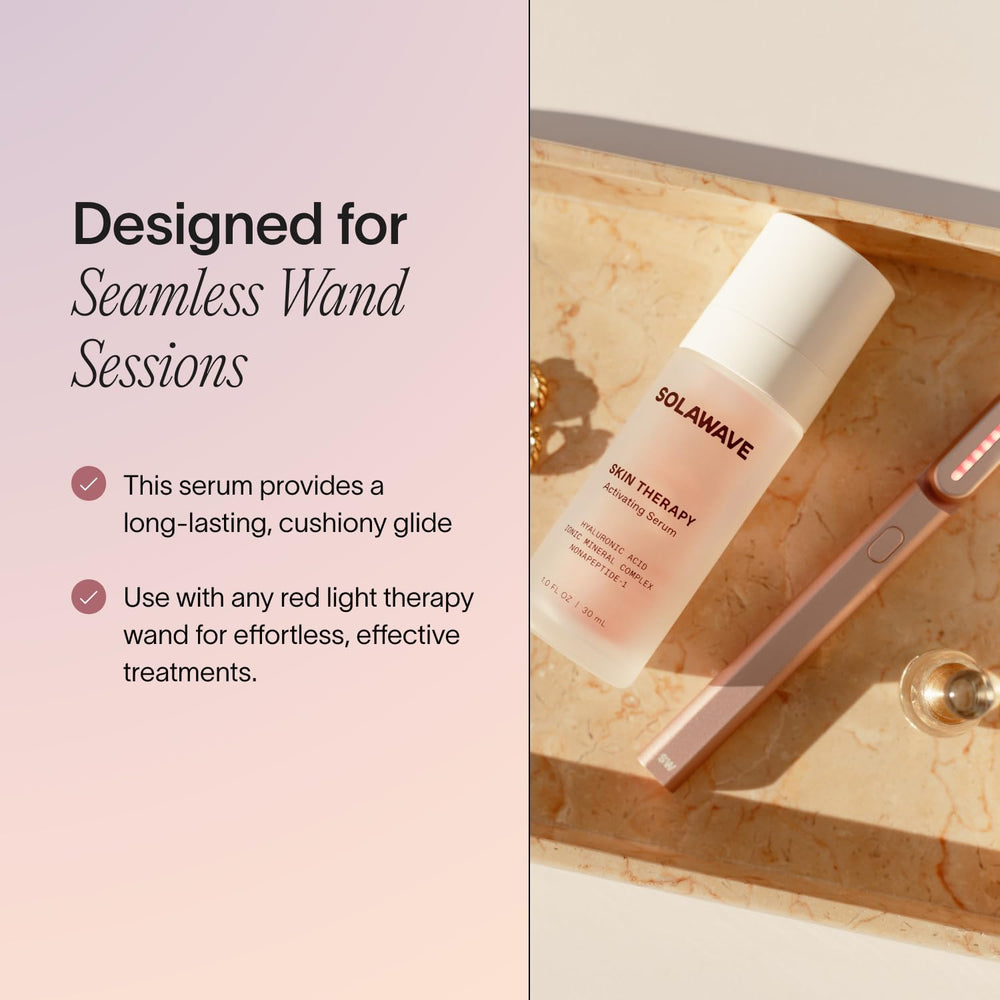 Solawave varita-serum-activador, aplicación suave para sesiones faciales sin esfuerzo.