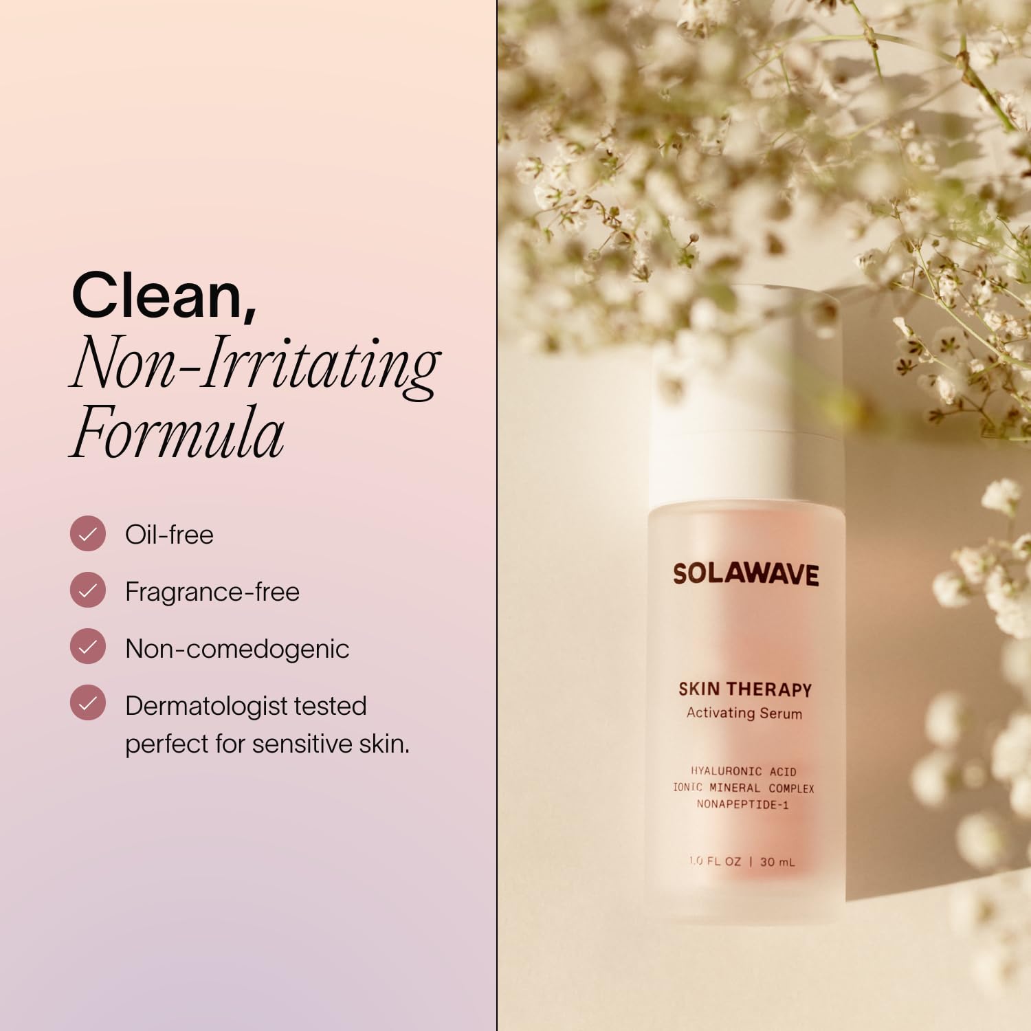 Solawave varita-serum-activador, apto para piel sensible y maquillaje suave.