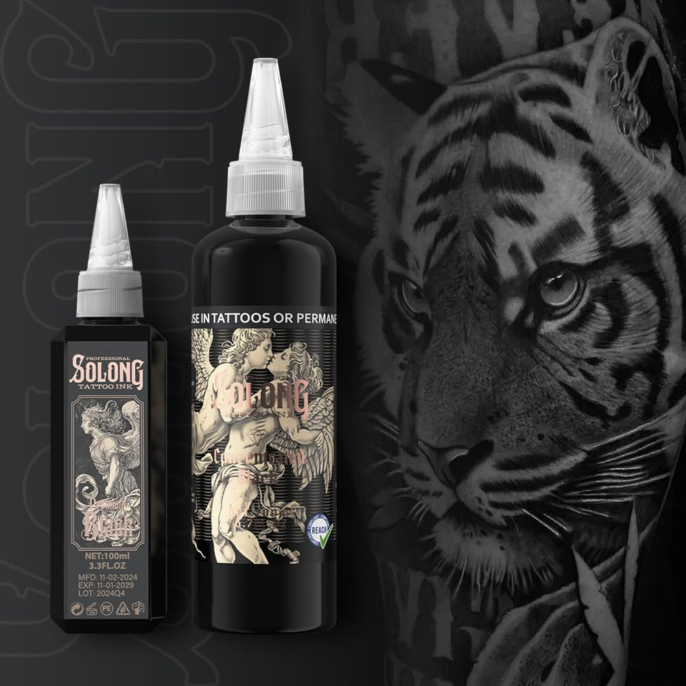 Solong Tattoo Serie S 3.4oz, acabado negro profesional para estilos tribales.