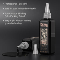 Solong Tattoo Serie S 3.4oz, delineado preciso con tinta negra de alto rendimiento.