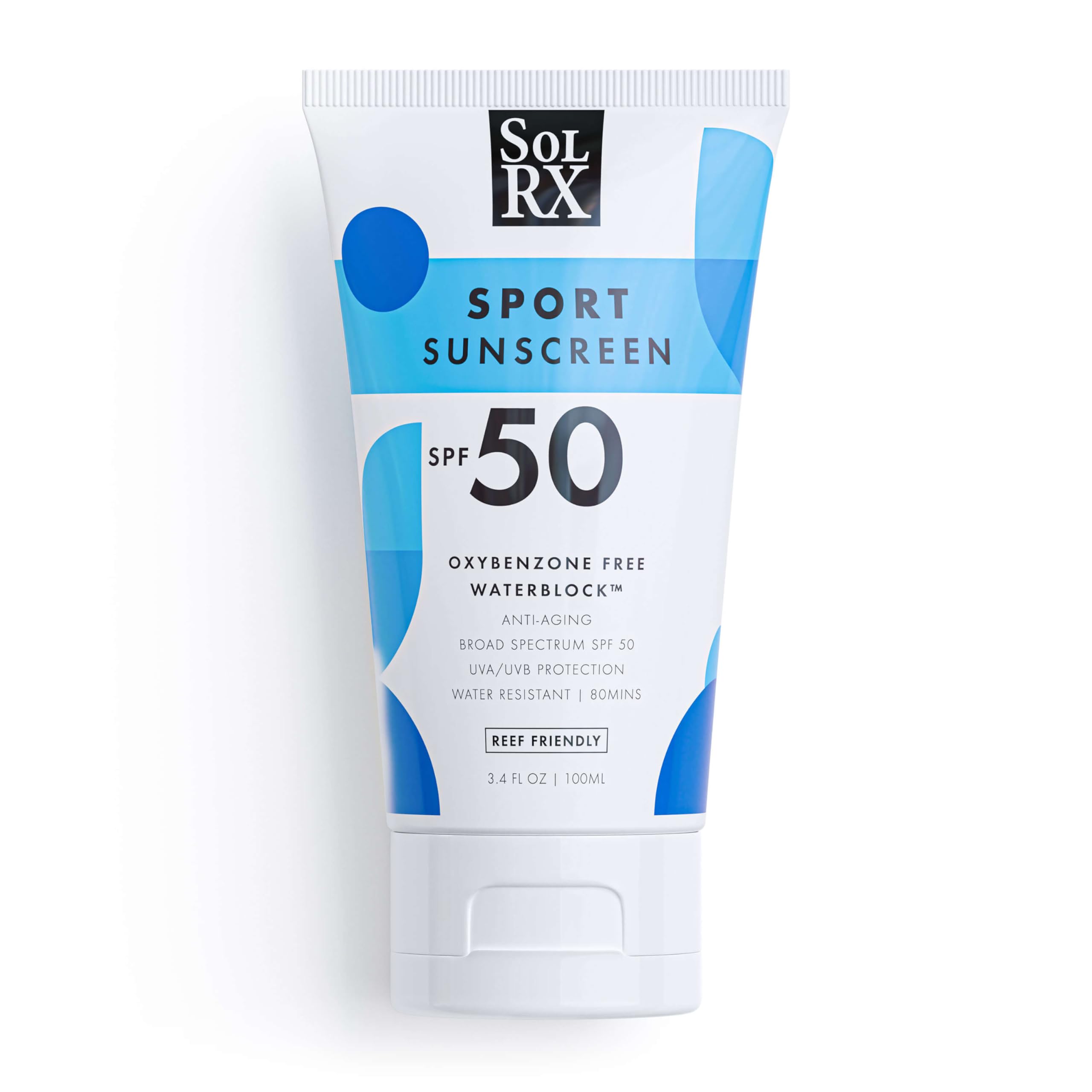 SolRX SPORT SPF 50, botella sin fragancia para uso diario y entrenamiento.