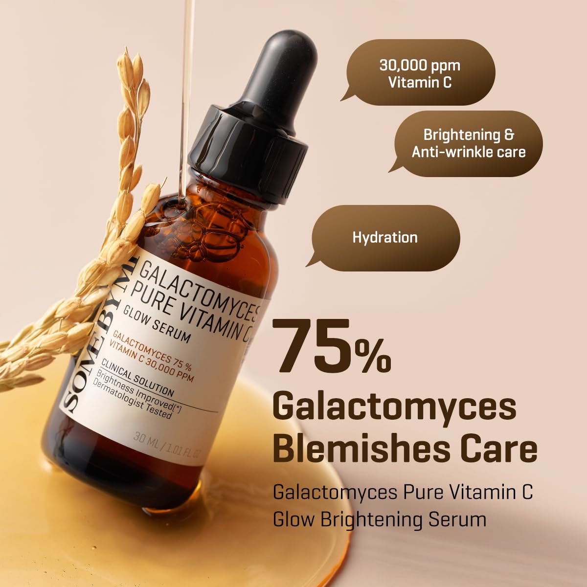 Ingredientes clave de Some By Mi: galactomyces y vitamina C para textura más suave.