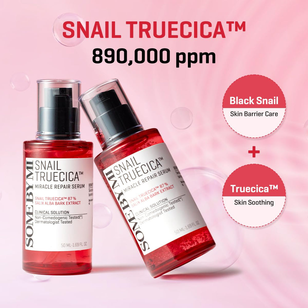 Etiqueta destaca Snail Truecica y mucina de caracol para cuidado suave.