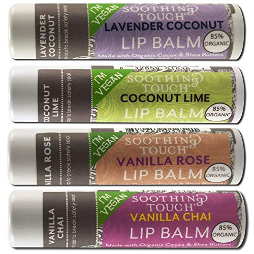 Bálsamo labial vegano de Soothing Touch en tubo de 4 onzas para uso diario.