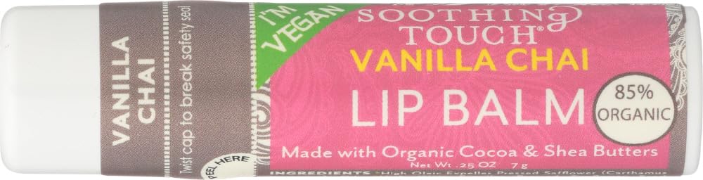 soothing touch bálsamo labial vegano vainilla especiada, vista frontal del pack de 3 para hidratación diaria