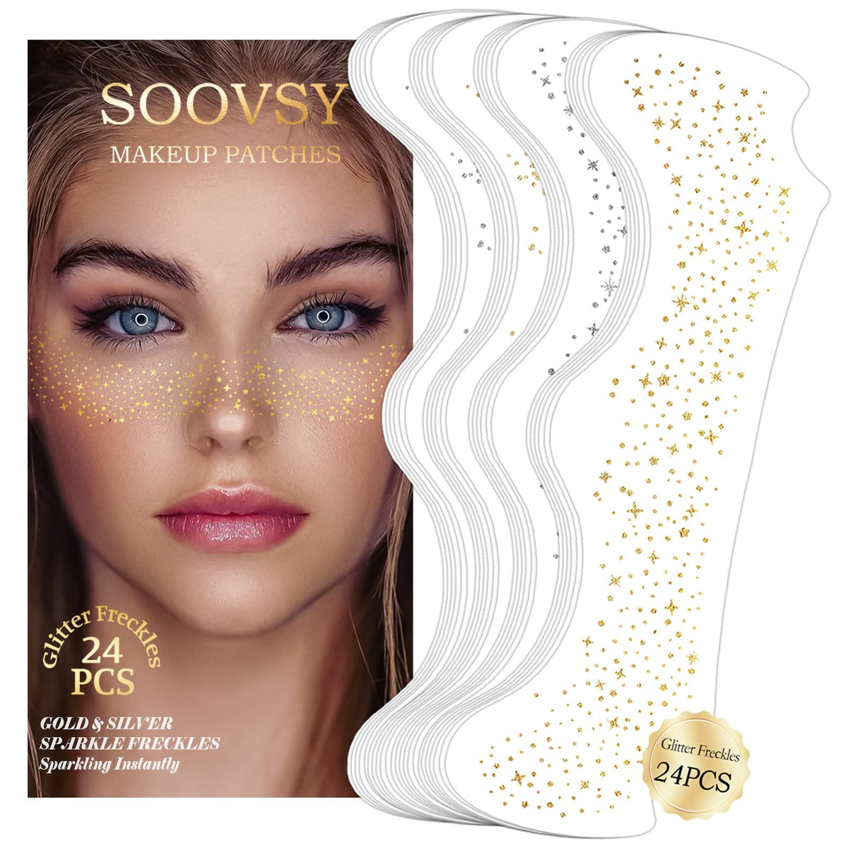 SOOVSY destellos dorados en parche facial para un brillo duradero.
