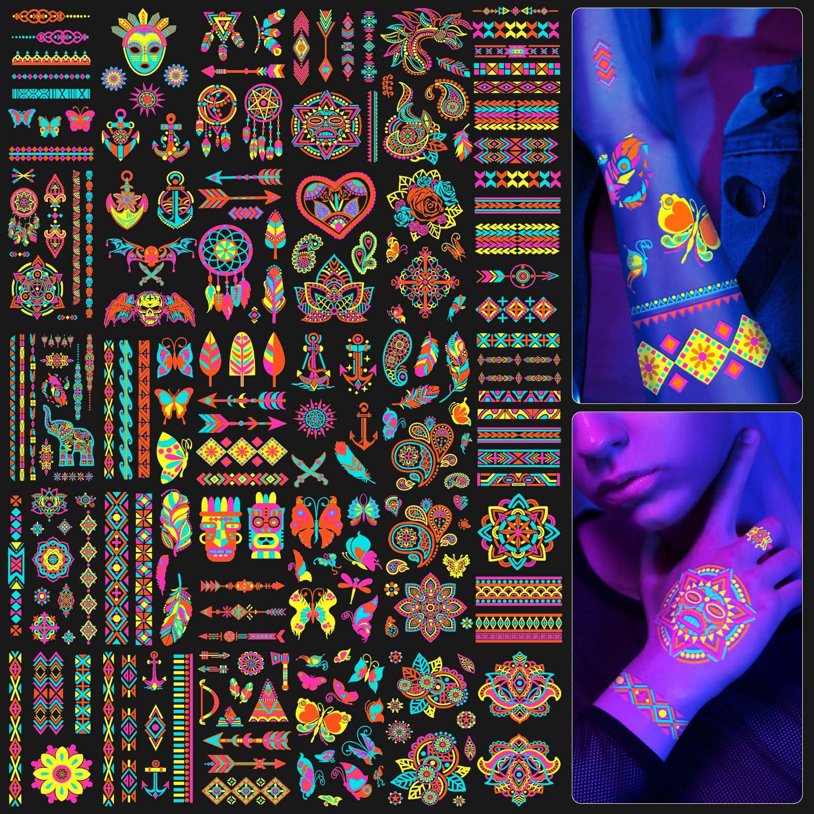SOOVSY tatuajes fluorescentes para fiestas, brillan en la oscuridad.