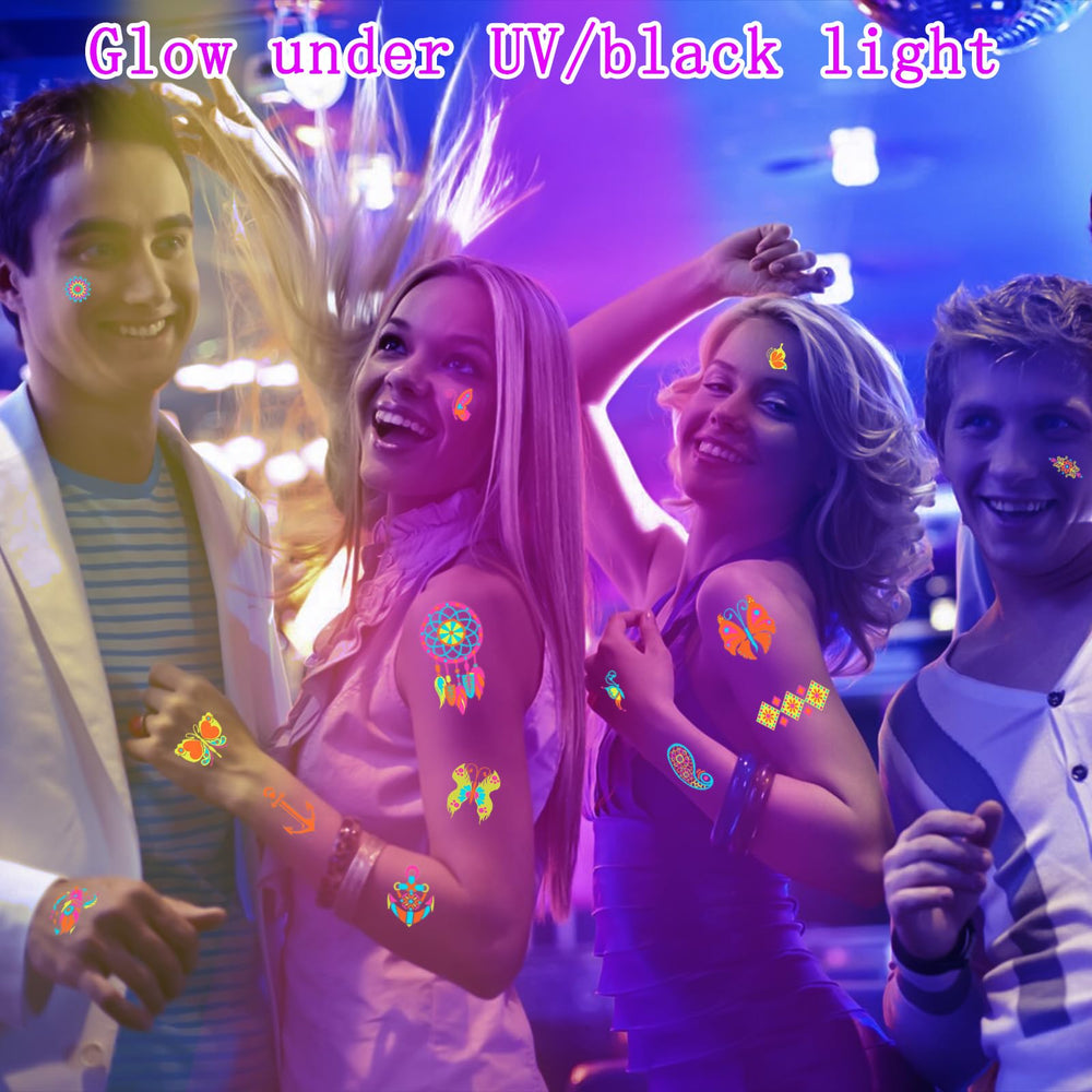 SOOVSY tatuajes temporales UV neón, ideales para eventos con luz UV.