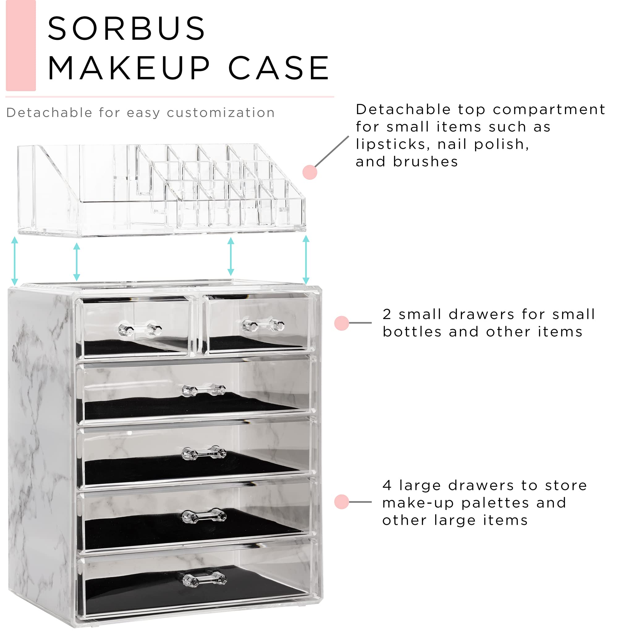 Sorbus diseño Marble acrílico permite acceso rápido a cosméticos.