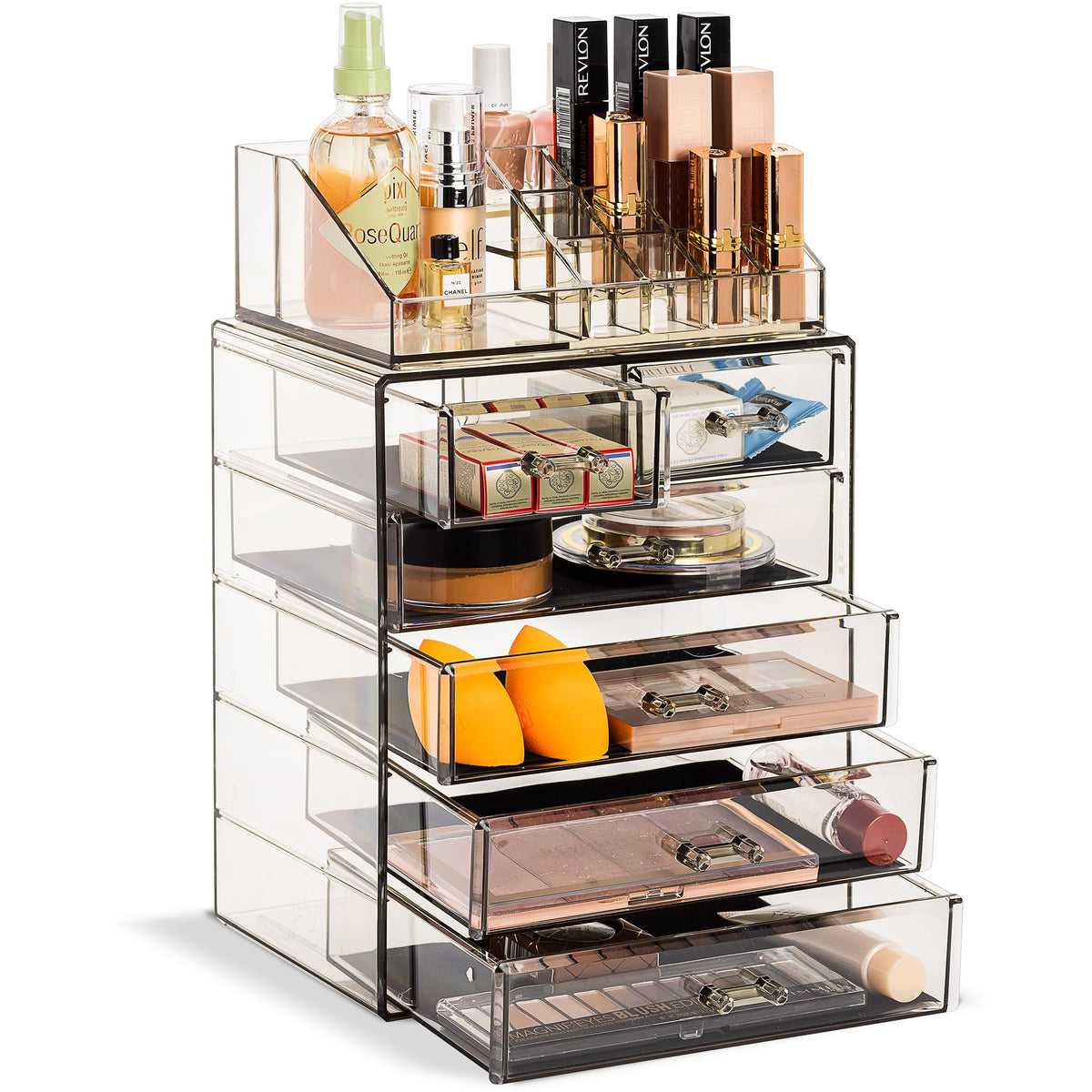 Sorbus organizador acrílico 6 cajones, vista frontal clara para ver cosméticos al instante