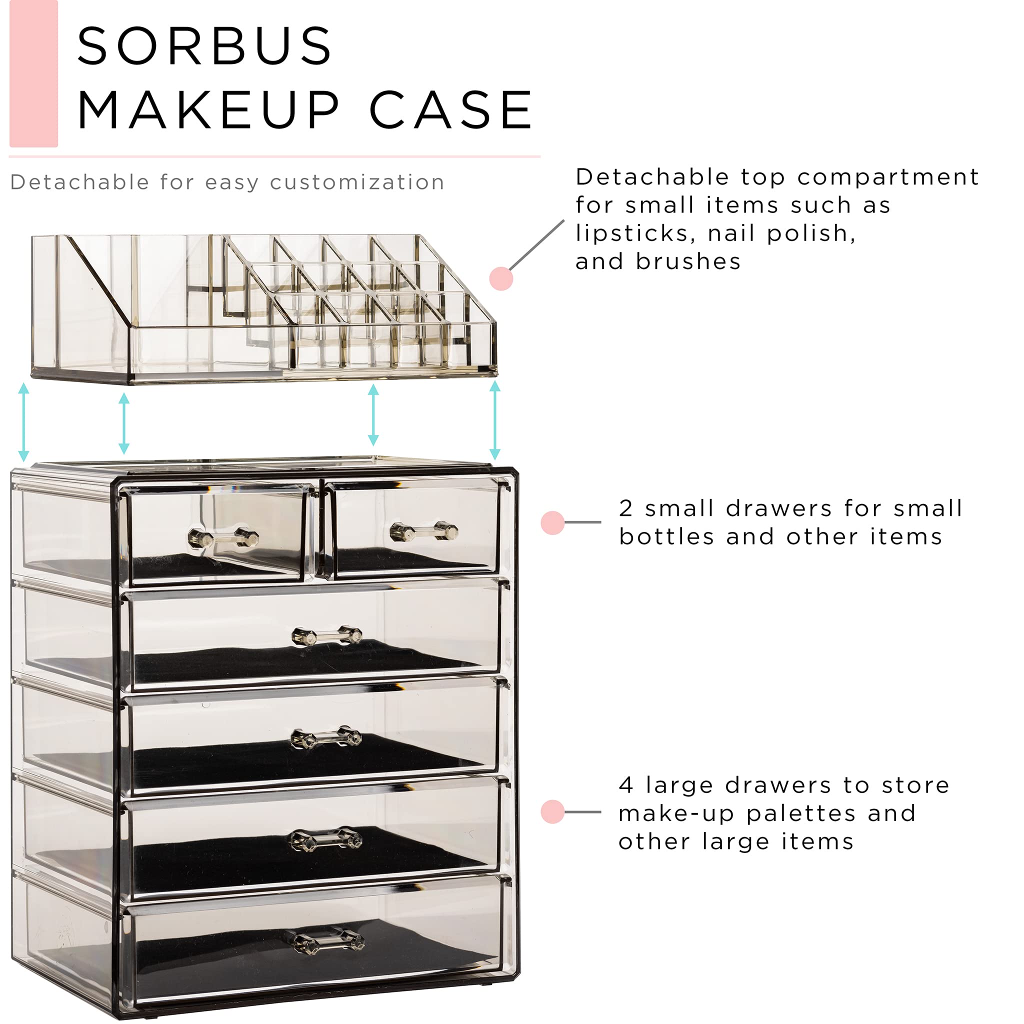Sorbus organizador acrílico 6 cajones, vista lateral para apreciar su organización elegante