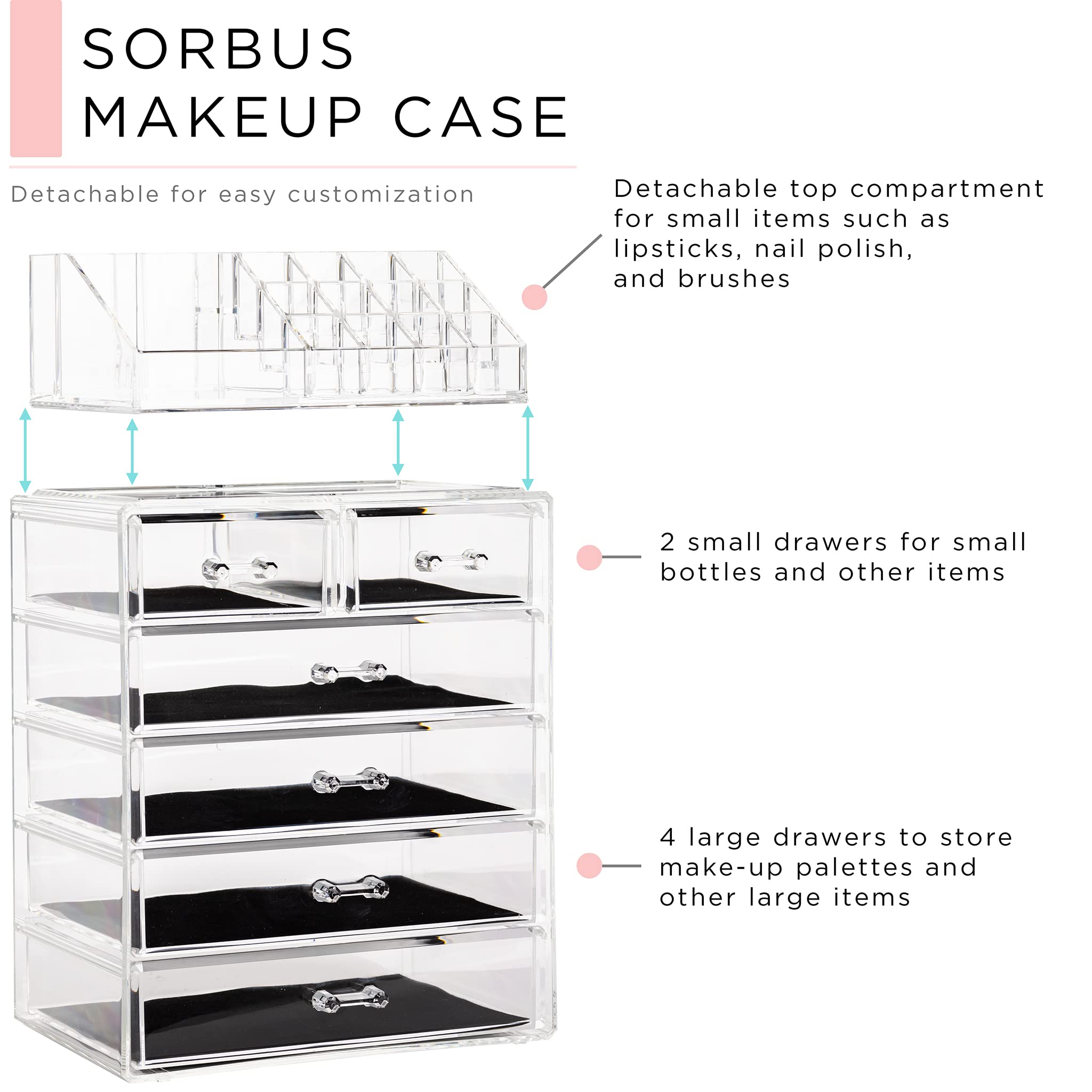 Sorbus organizador acrílico: compartimento superior para brochas y cosméticos
