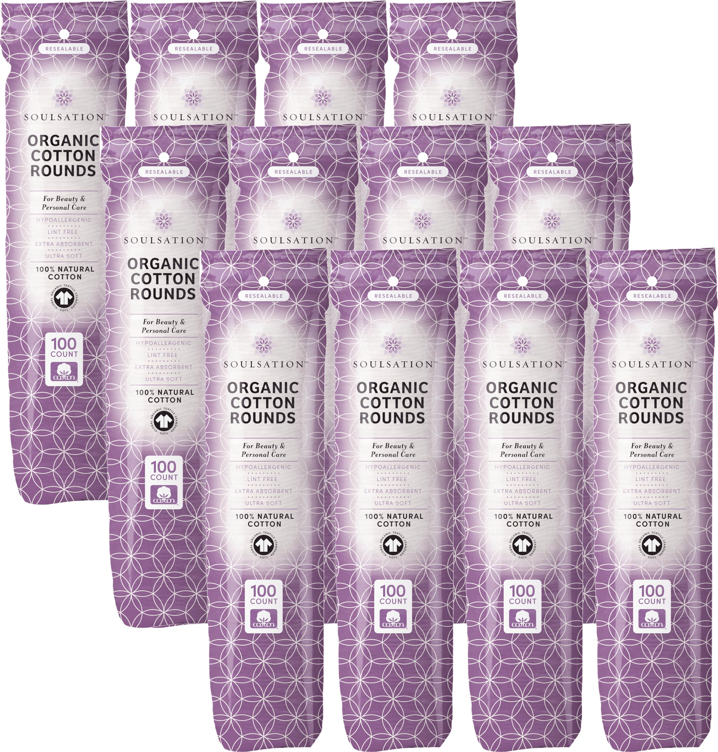 almohadillas SoulSation de algodón orgánico, 1200 en bolsa, suaves y absorbentes para desmaquillar.