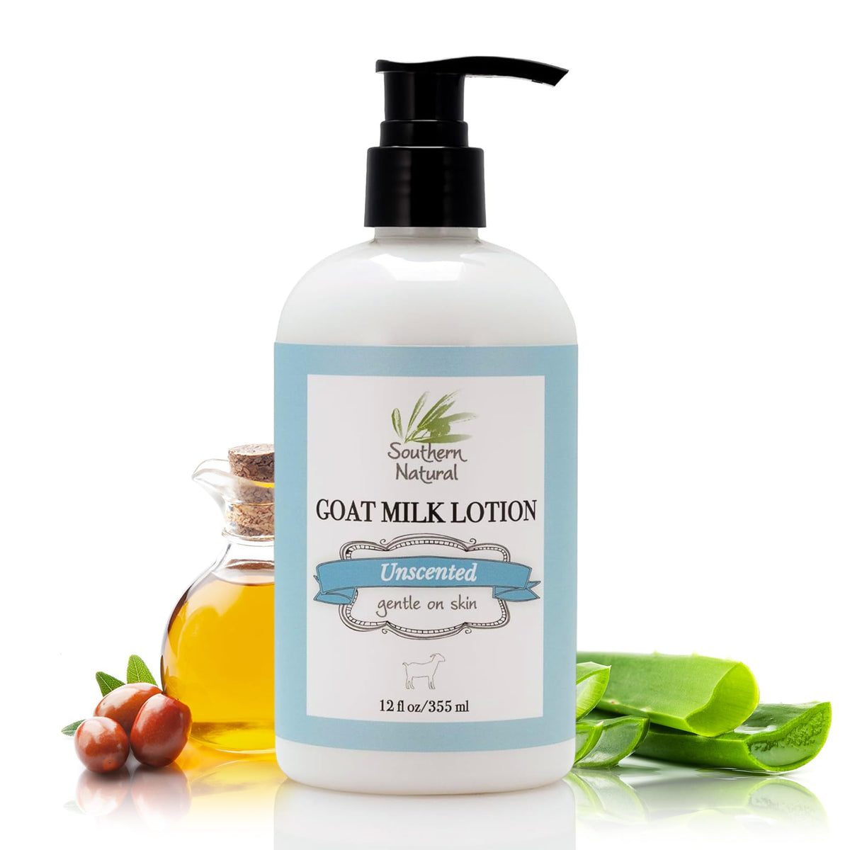Loción de leche de cabra Southern Natural, foto del bote, hidratación suave para piel seca