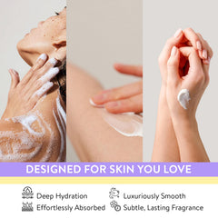 Exfoliante corporal lavanda Spa Luxetique World, textura suave y piel renovada tras el uso.