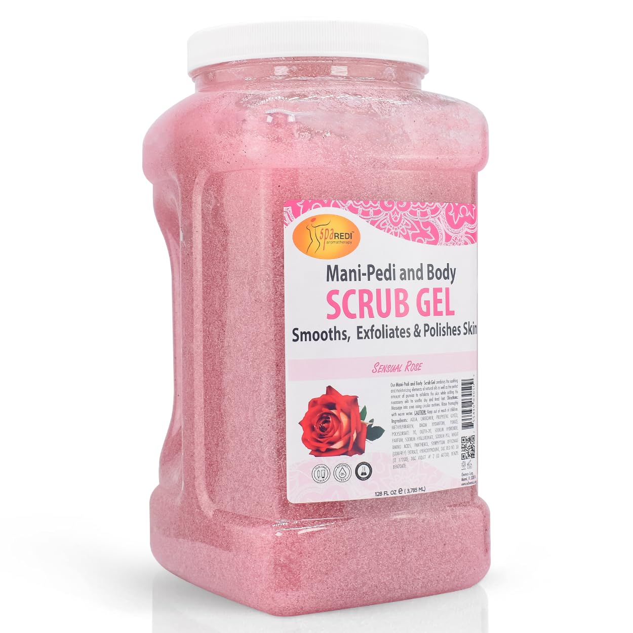 Gel gommant rose Spa Redi, bouteille 128 oz, exfolie en douceur et hydrate.