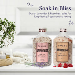 SpaLife Frasco Lavanda: enfoque visual de pétalos para calma durante el baño.