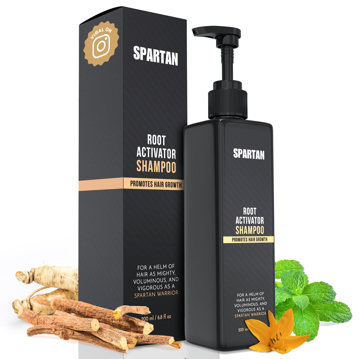SPARTAN Root Activator Shampoo, botella para uso diario y limpieza del cuero cabelludo.
